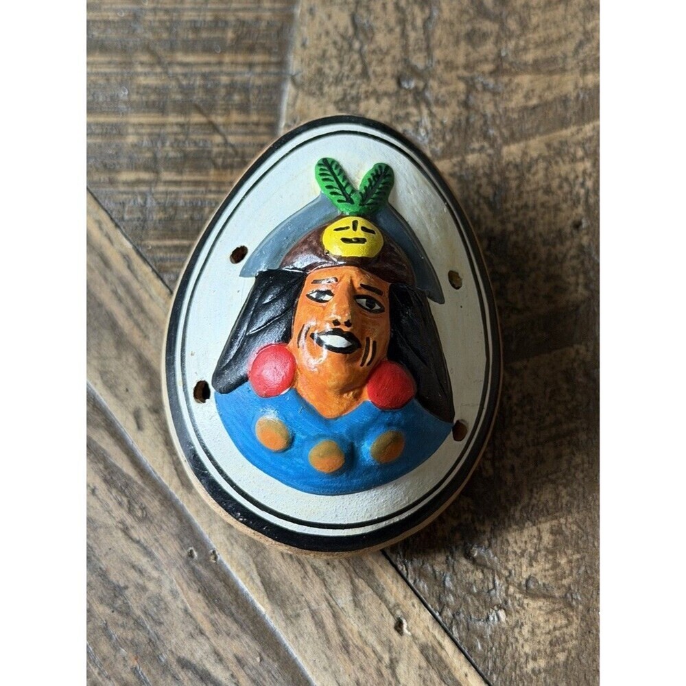 PERUVIAN Hand Carved Face Whistle Folk Art Mask Ocarina Primitive Rustic Decor